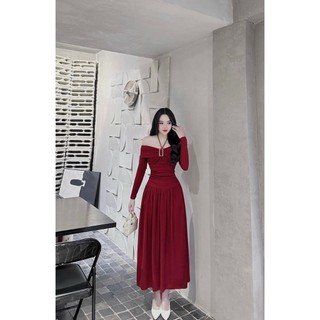 Đầm váy cao cấp tay dài trễ vai cột dây cổ dáng midi phong cách trẻ trung