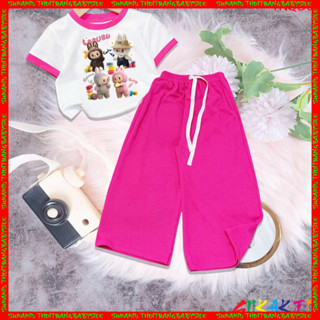  Sỉ Lẻ Bộ đồ bé gái tay ngắn quần ống rộng thun gân hình in labubu cho bé 6kg đến 30kg.TNQD02. 