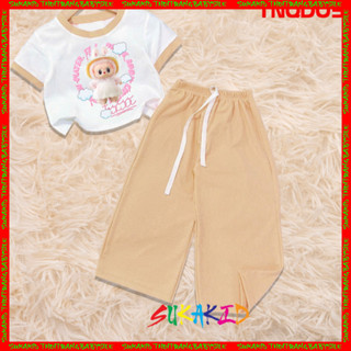 Sỉ Lẻ Bộ đồ bé gái tay ngắn quần ống rộng thun gân hình con labubu đầm trắng cho bé 6kg đến 30kg.TNQD05.