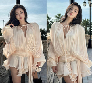 Đầm Bánh Bèo Cổ V Tơ Óng Màu Be VEROMODA Váy Bánh Bèo Dáng Rộn Bigsize Cao Cấp Đẹp Quyến Rũ ,Sang Trọng A83 A83