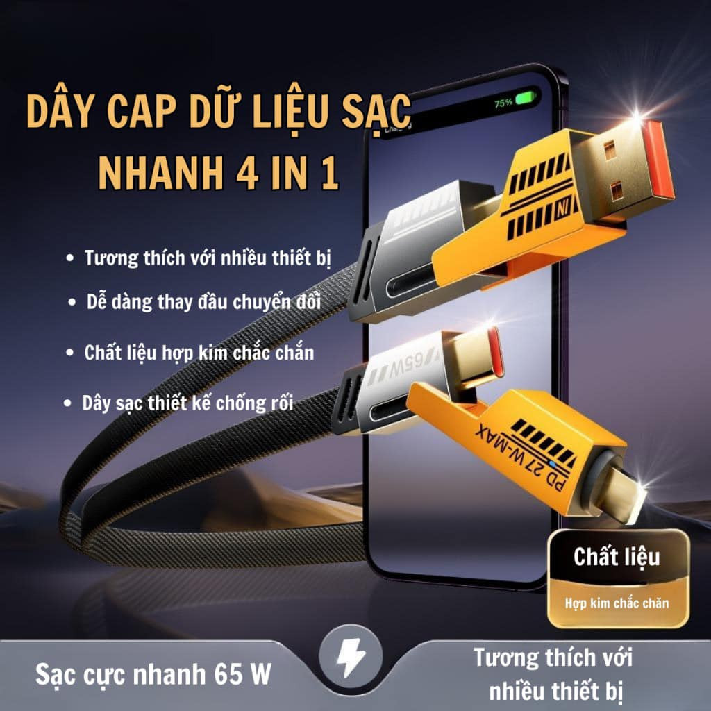 【CÁP VÀNG ĐEN 】 Dây Sạc Nhanh 4 Trong 1 Sạc Siêu Nhanh 65w. Phụ kiện điện thoại, Dây sạc 3 in 1, Cáp