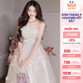 Đầm tafta dự tiệc hai dây phối lưới đính hoa dáng dài Lyra VTT129