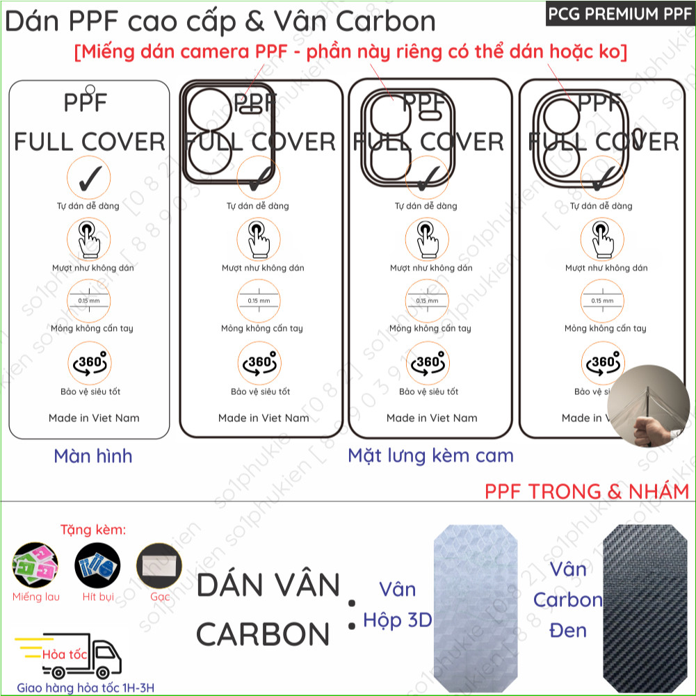 Dán PPF & Vân Carbon Vivo iQOO Z9 Turbo/ Z9 Turbo Plus/ Z9/ Z9 (Nội địa)/ Z9x/ Y28 cho màn hình,mặt lưng loại trong,nhám