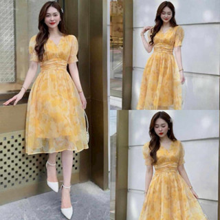 Đầm thời trang nữ mặc đi chơi chất voan hoa vàng đậm cổ V tay búp váy xoè ngang gối sang trọng QC🌹🌹 👗 👗 👗