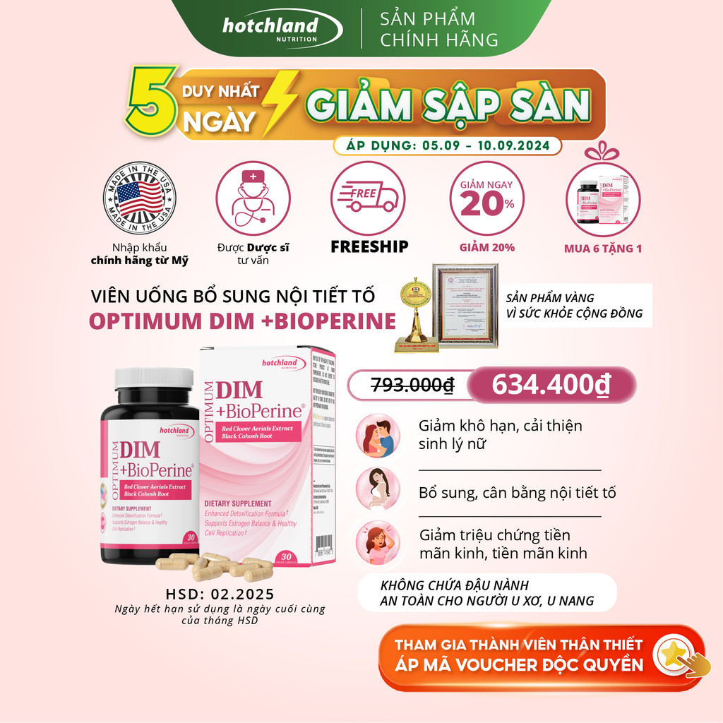 [DATE 02/2025] Viên uống nội tiết tố nữ Optimum Dim +Bioperine Hotchland Nutrition cải thiện sinh lý nữ - Hộp 30 viên.