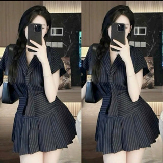 Set Váy Thời Trang Nữ, Áo Sơ Mi Tay Ngắn Phối Chân Váy Xoè, Chất Kaki Sọc, Có Cà Vạt