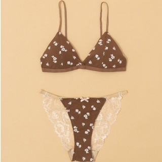  Set bra thun màu nâu phối hoa nhí dễ thương áo bra thun không gọng và quần dây ren có thể điều chỉnh