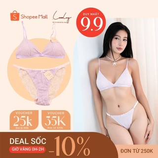 Set bra thun cotton không gọng màu tím caro phối cùng quần dây tím caro freesize màu dễ thương, ngọt ngào