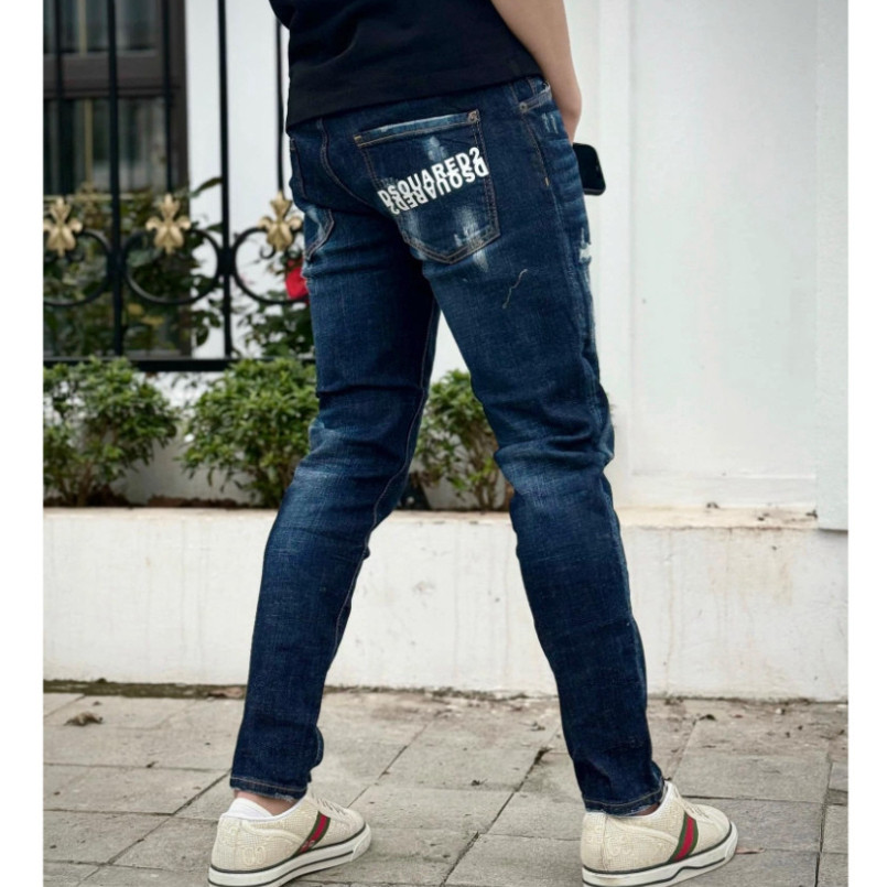 Quần Jean Nam DSQ2 In Chữ Túi Xanh Đậm Vẩy Sơn Siêu Hot Quần Bò Vẩy Sơn Xanh Mài Thời Trang Chất Co Giãn Phối Loang f