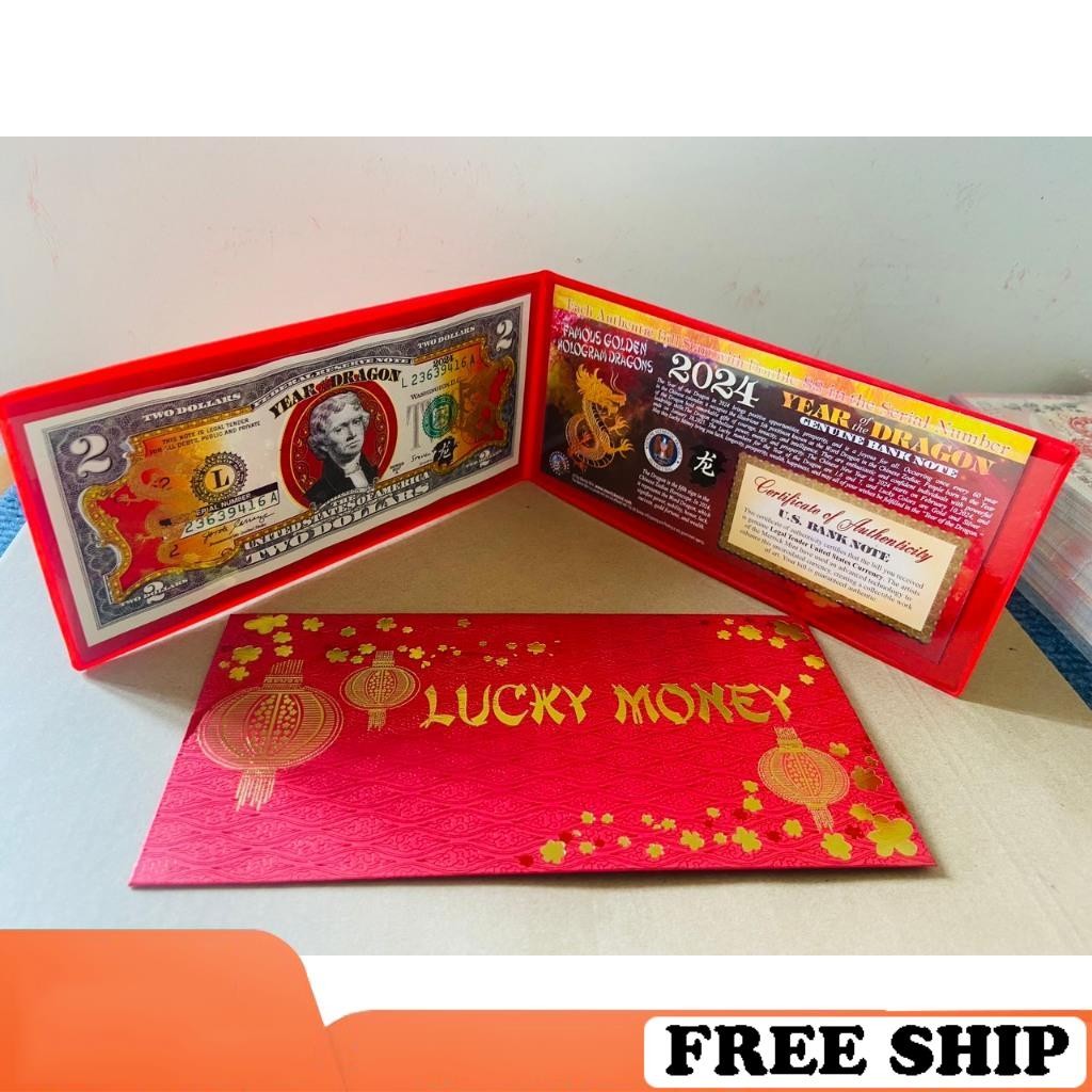 Tiền lì xì 2024 Tờ 2 Usd Mạ Vàng Hình Con Rồng 2024 Mỹ, 2 USD Hình Con Rồng