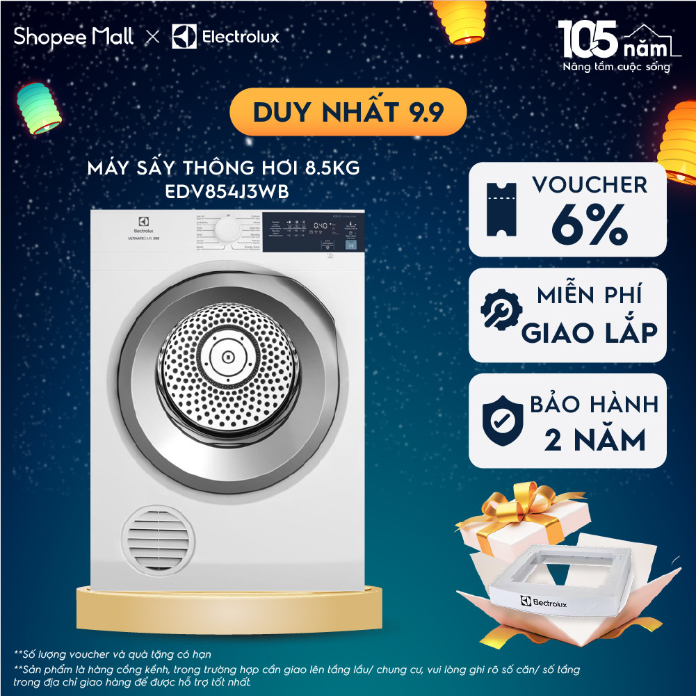 Miễn phí giao lắp- Máy sấy thông hơi Electrolux 8.5kg UltimateCare 300 - EDV854J3WB - Màu trắng