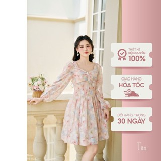 Váy hoa nữ thiết kế cổ vuông cúp ngực tay dài kiểu nơ xếp ly hai lớp cao cấp TIINSTORE VHD1091