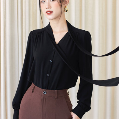 Áo Sơ Mi Nữ Thắt Nơ GILLEE Tay Phồng Nhún Trước Lụa Cao Cấp FAK056
