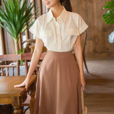 Áo Sơ Mi Kiểu Công Sở Nữ GILLEE Tay Ngắn Có Nắp Túi FAS196
