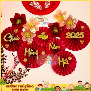 Set 6 quạt giấy đỏ Trang trí tết năm 2025 - Decor trang trí nhà cửa chữ hình hoa mai chim én vàng kim tuyến mừng xuân