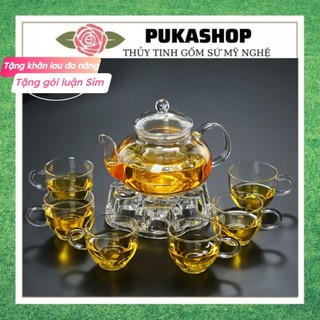  Bộ Ấm Trà Thủy Tinh Puka Ấm Thủy Tinh Trong Chịu Nhiệt Có Lõi Lọc Trà Kèm Bếp Nến Và 6 Ly Thủy Tinh 
