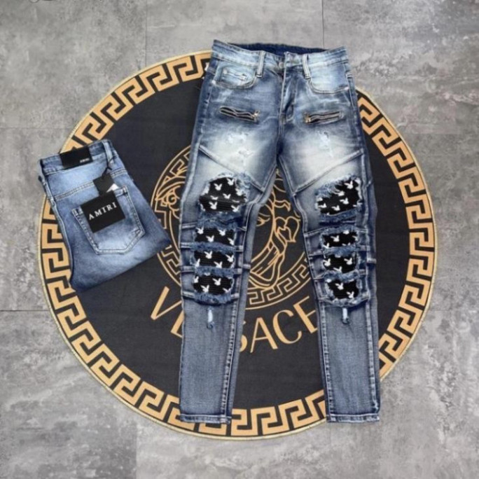 Quần jean Amiri xanh khói Nam khoá đùi phối rách da nhăn thỏ Playboy, quần bò nam cực đẹp hot 2023