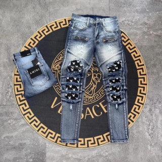 Quần jean Amiri xanh khói Nam khoá đùi phối rách da nhăn thỏ Playboy, quần bò nam cực đẹp hot 2023