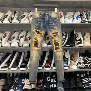 Quần đính đá bạc Quần jean bò nam Amiri slimfit xanh bụi rách xù to đùi gối vá vải đính đá bạc 4 cúc boy phố hot trend