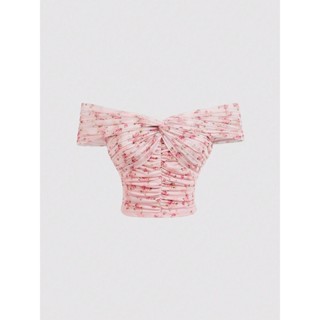 [Bigsize 45-75kg / Order] Áo trễ vai đan trước ngực hoa văn vải voan nhún croptop tiểu thư thanh lịch