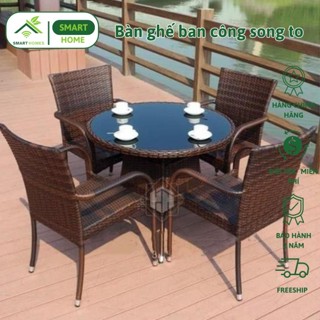 Ghế đan mây nhựa lưng cao SMARTHOMES decor ban công phòng khách quán cafe sân vườn bàn rộng 80cm