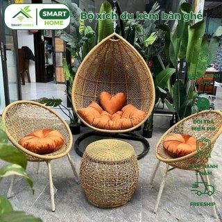 Bộ xích đu kèm bàn ghế sân vườn mây nhựa cao cấp SMARTHOMES decor sân vườn quán cafe sang trọng
