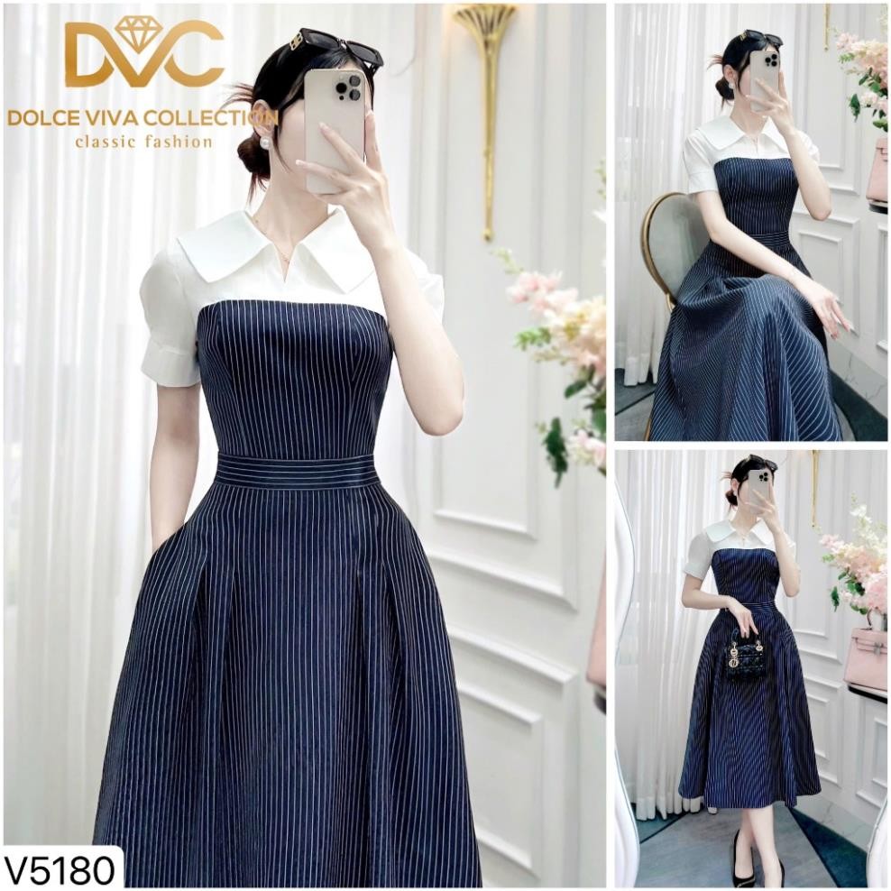 Váy xòe kẻ xanh phối trắng