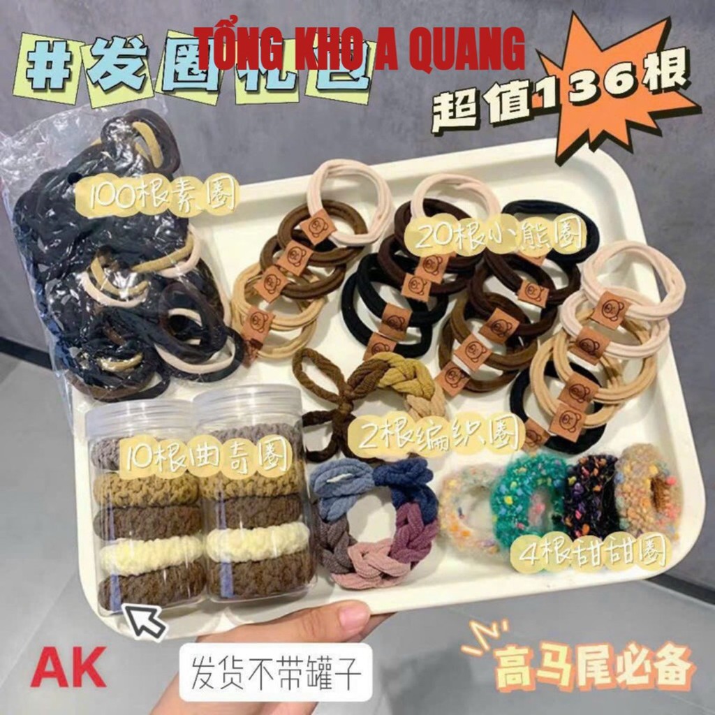 Set Dây Buộc Tóc 136 Chi Tiết, Set 136 chi Tiết Gồm 20 Dây Buộc Tóc Gắn TAG, 100 Chun Buộc Tóc...  D