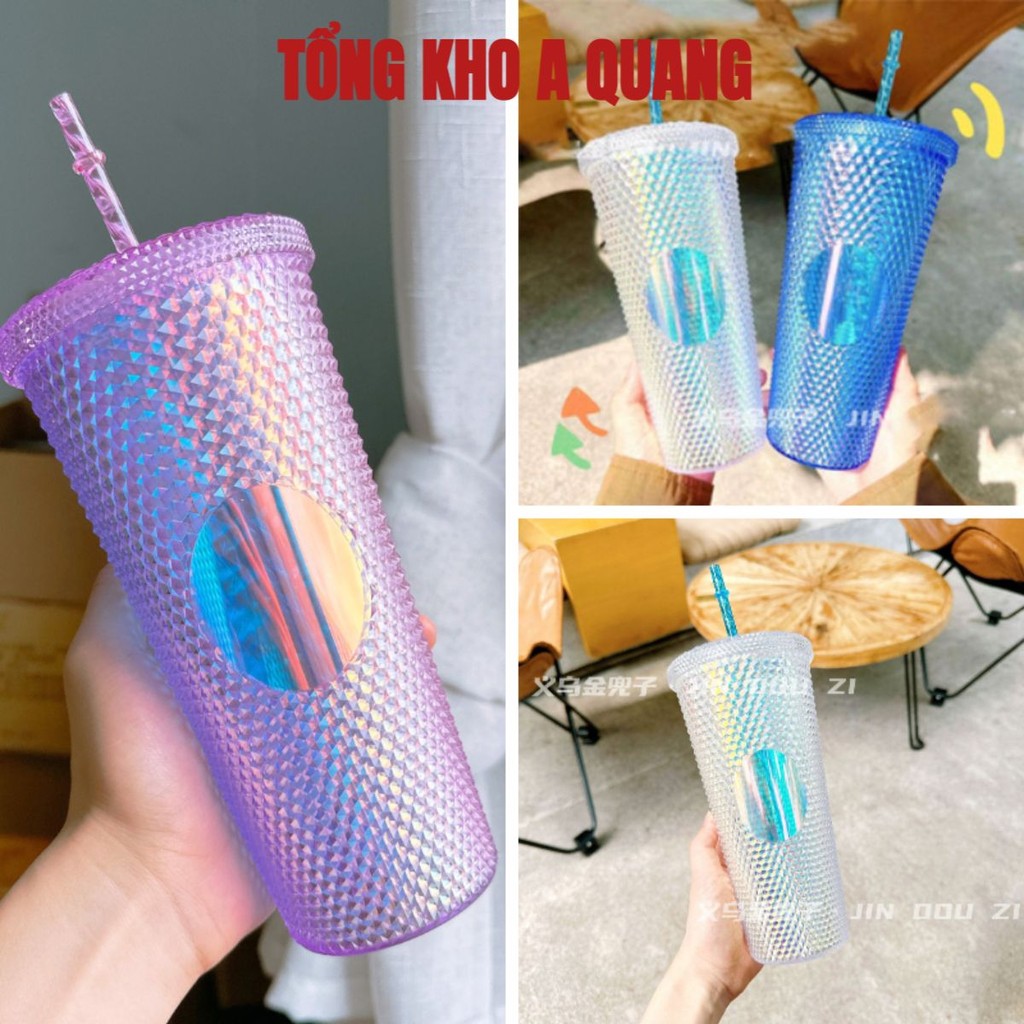 Ly Nhựa Trụ Kim Cương Lấp Lánh 700ml Kèm Ống Hút,  Cốc Starbucks Xịn