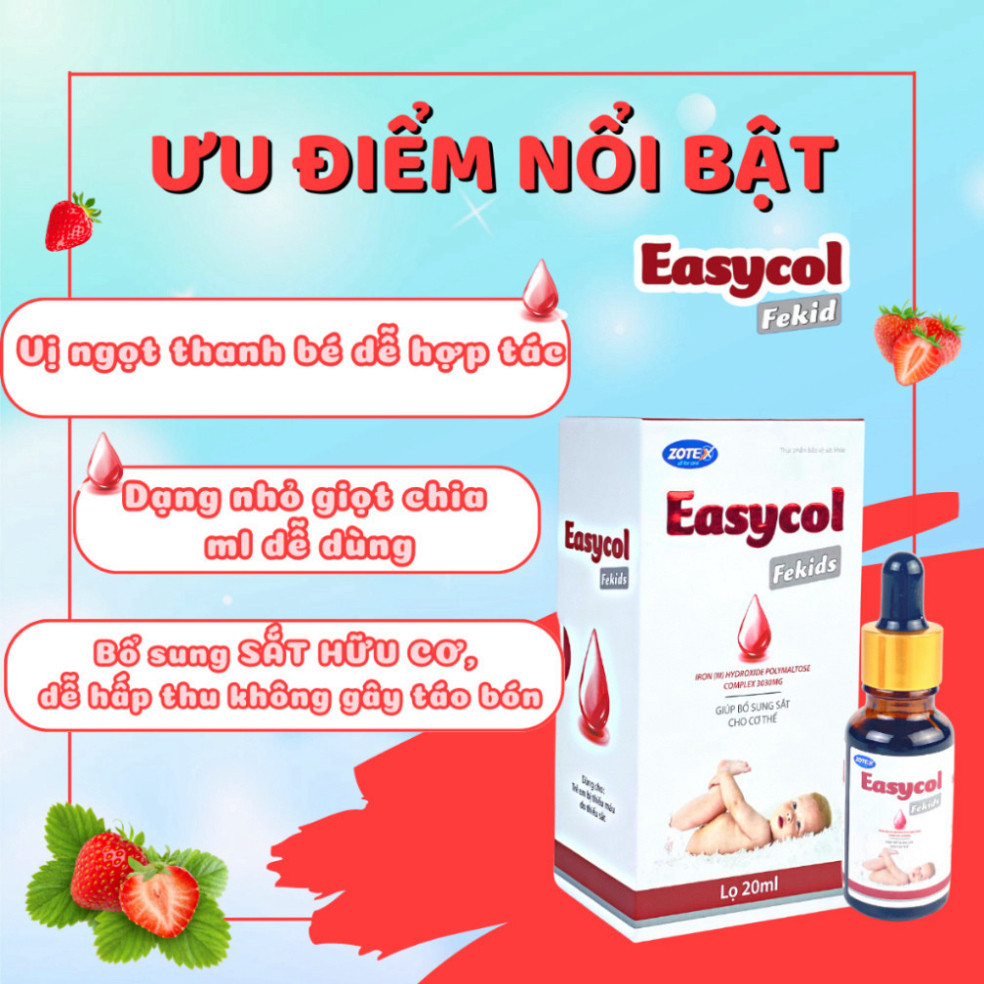Thực phẩm bổ sung sắt Easycol Baby Fekids bổ sung sắt hữu cơ cho bé tăng cường đề kháng, giảm thiếu máu cho bé lọ 20ml