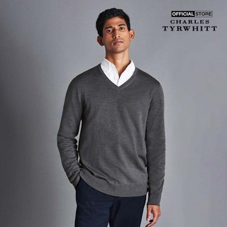 CHARLES TYRWHITT - Áo dệt kim nam cổ V tay dài Merino KNJ0429-GRY