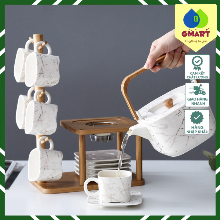 GMart - Bộ bình trà cà phê gốm sứ Creative Ceramic Coffee Cup Golden Striped Tea