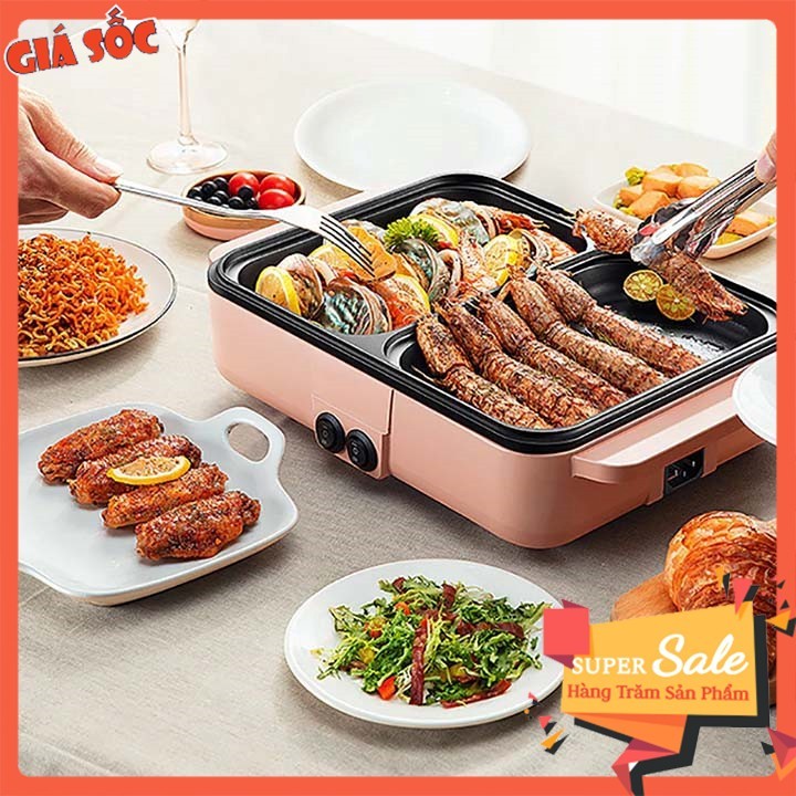 Bếp nướng điện, Bếp lẩu nướng 2 ngăn mini chống dính tiện dụng