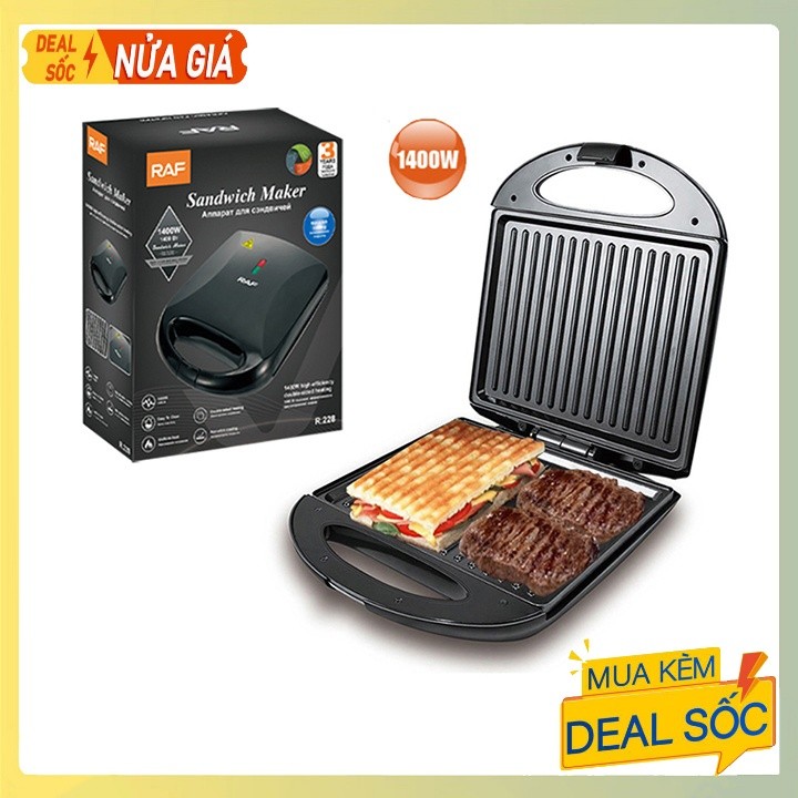 Máy nướng ép bánh mỳ RAF 1400W gia nhiệt kép, chống dính telfon siêu bền