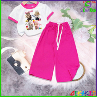  Bộ đồ bé gái tay ngắn quần ống rộng thun gân hình in labubu cho bé 6kg đến 30kg.TNQD02. . 