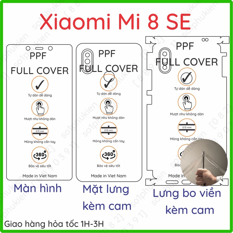 Dán PPF Xiaomi MI 8 SE ( Mi 8se ) loại nhám, trong dành cho màn hình, mặt lưng , full viền
