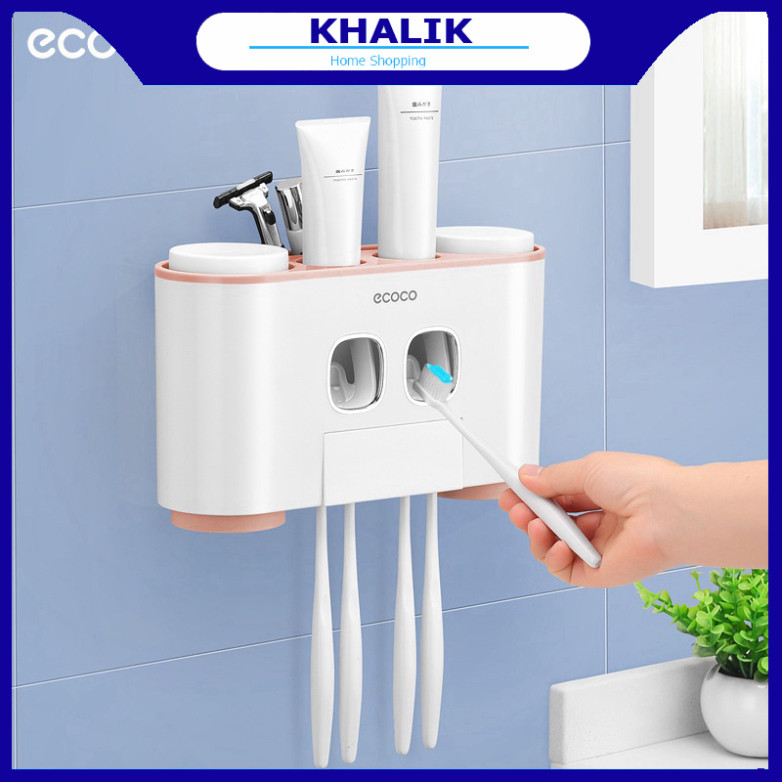 Kệ nhả kem nhà tắm đa năng Ecoco E1802 gồm 2 nhả kem kèm theo 4 cốc và có 4 vị trí cài bàn chải - Đủ