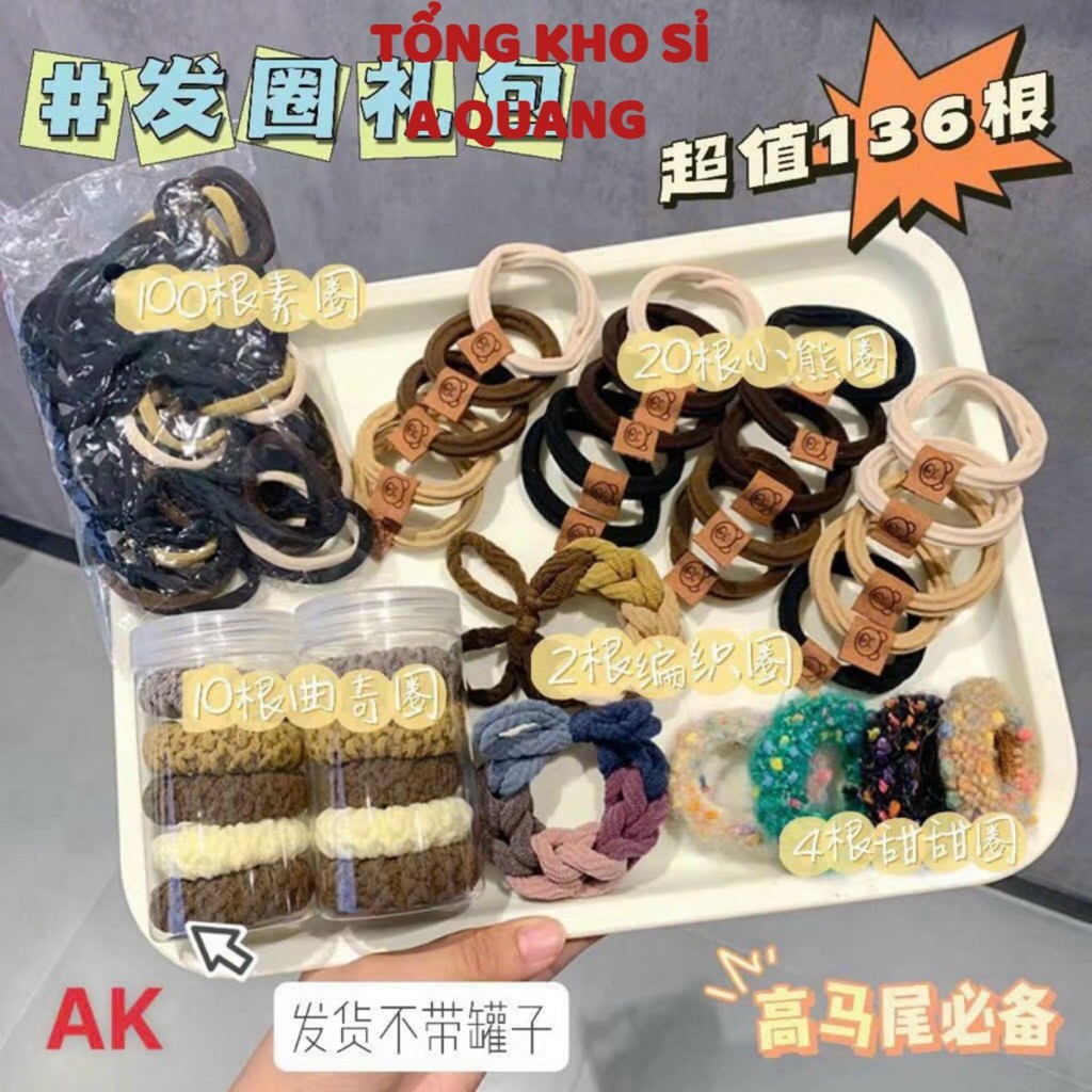 Set Dây Buộc Tóc 136 Chi Tiết, Set 136 chi Tiết Gồm 20 Dây Buộc Tóc Gắn TAG, 100 Chun Buộc Tóc...  D