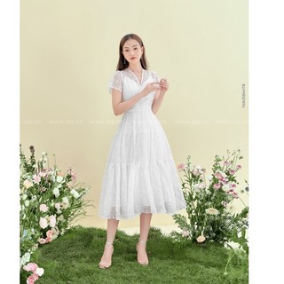 Váy trắng trơn dáng xoè nhún 3 tầng midi Lep' 1VA01844TR