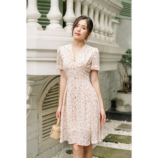 Váy cổ V nẹp cúc dáng xoè mini chiết eo Lep' 1VA02351HO