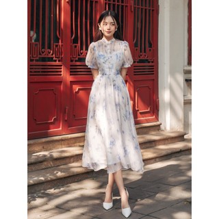 Váy hoa chiết eo cổ tàu tùng xòe Lep' 1VA02120TR