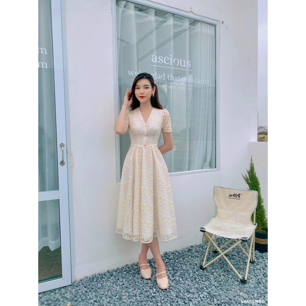 Váy ren cổ V 1VA01814BE Lep'