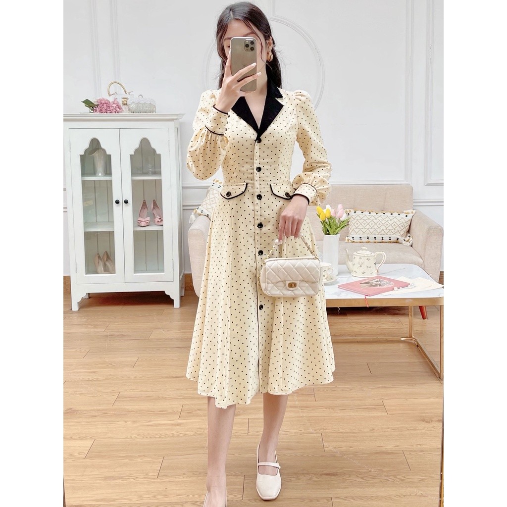 Váy chấm bi phối cổ đen 1VA1426BE Lep'