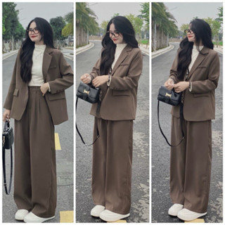  SÉT VEST QUẦN ỐNG RỘNG BASIC SÉT BỘ QUẦN ỐNG RỘNG KÈM ÁO BLAZER TAY DÀI SÉT BỘ CÔNG SỞ SÉT BỘ NỮ BECHIC THIẾT KẾ 