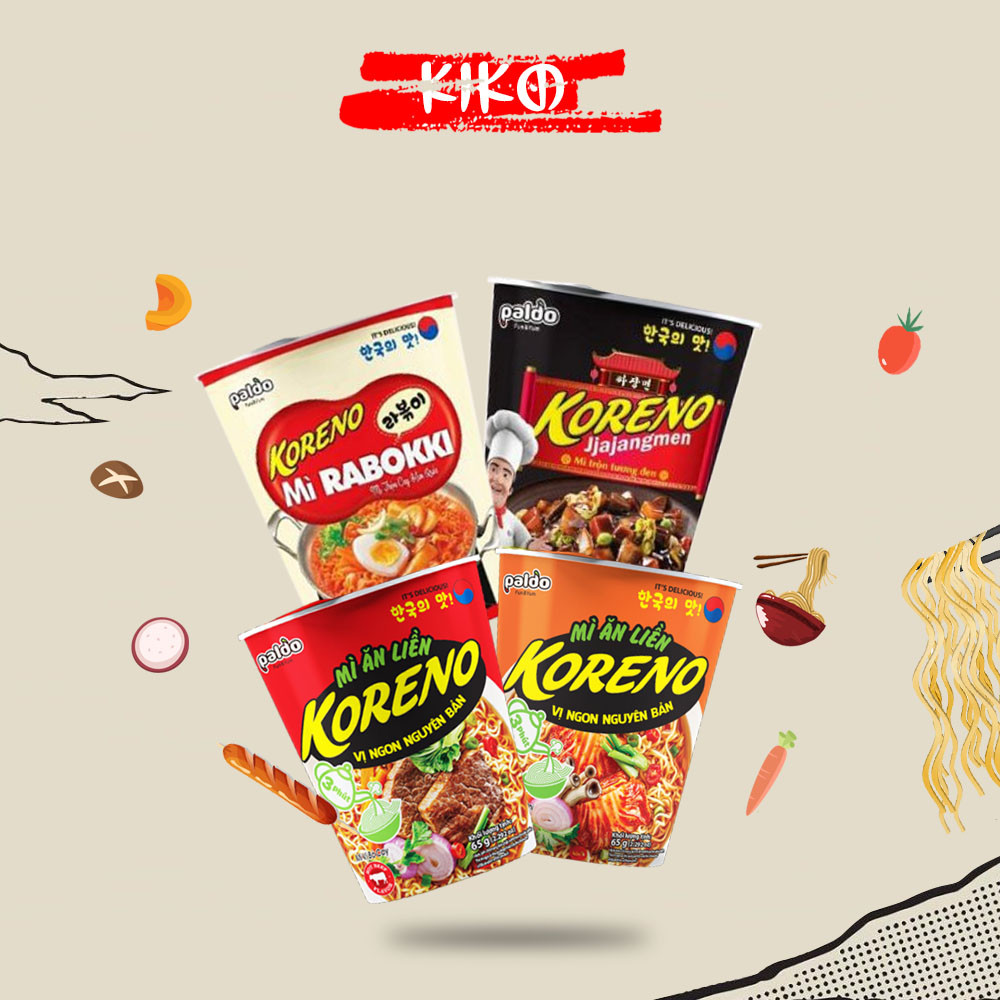 Mì Trộn Rabokki Koreno Ly 65g (mì kim chi, bò cay, rabokki,...)