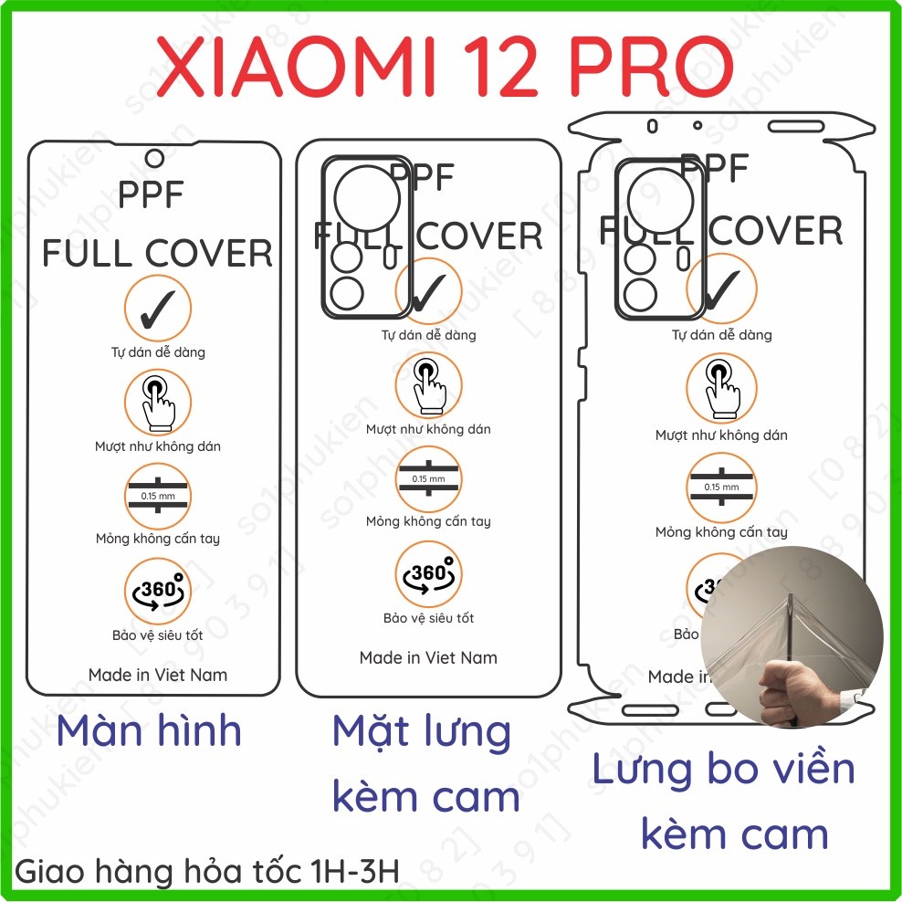 Dán ppf Xiaomi 12, 12x, 12 pro, 12s, 12s pro  loại trong, nhám dành cho màn hình, mặt lưng, full viề