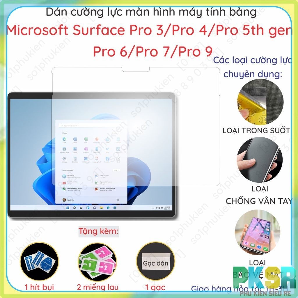 Dán cường lực cho Microsoft Surface Pro 3/ 4/ 5th gen/ 6/ 7/7 Plus (7+) 9/ X nano trong suốt, nhám chống vân tay,cnt