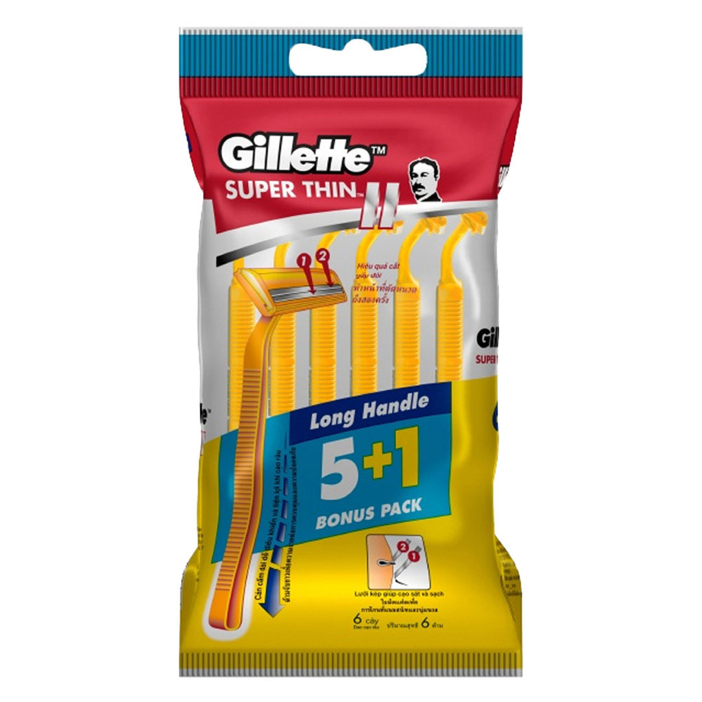 Dao Cạo Gillette Super Thin Cán Vàng (Gói 5 Tặng 1) Super Thin II Disposable Razor Pack 5+1 pcs Hasaki Sản Phẩm Chính Hã
