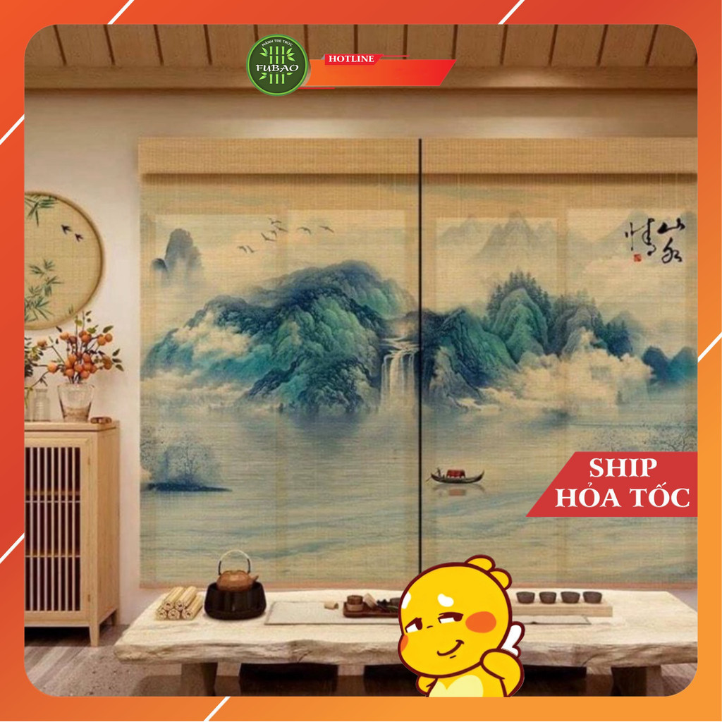 Mành tre trúc in tranh UV hình phong cảnh chim và hoa đào. Mành tre trúc trang trí decor cafe, spa.1