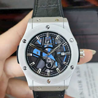  Đồng hồ hublot máy cơ nhật automatic lộ máy khung viền thép không gỉ dây da thiết kế luxury chống nước chống xước 
